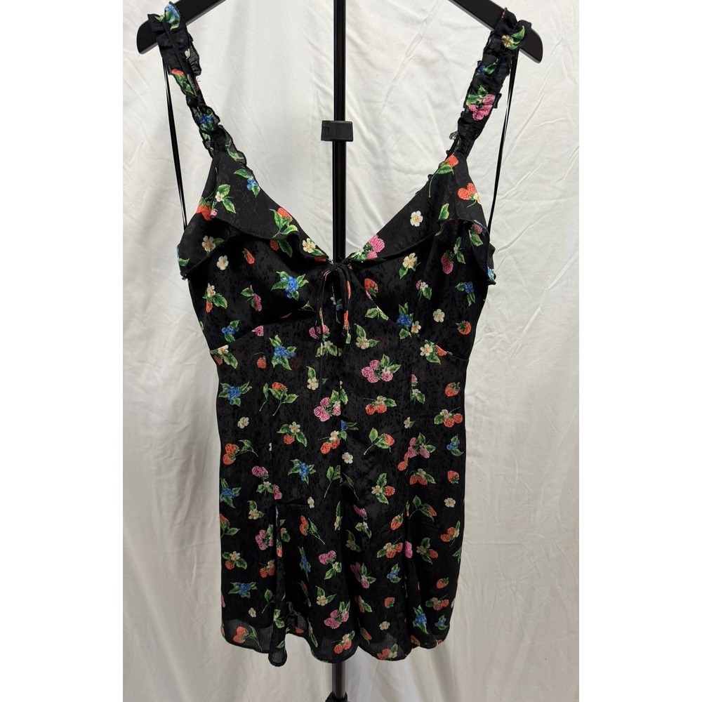 Zara Women Black Berry Floral Print Jacquard Mini Dress Ruffle Tie Front Size M - Picture 3 of 9